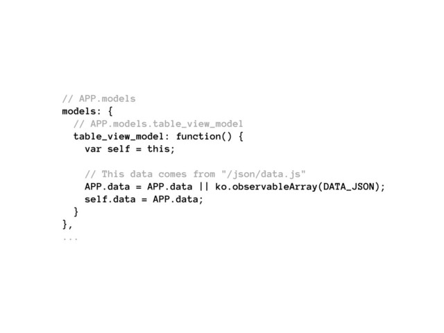 // APP.models
models: {
// APP.models.table_view_model
table_view_model: function() {
var self = this;
// This data comes from "/json/data.js"
APP.data = APP.data || ko.observableArray(DATA_JSON);
self.data = APP.data;
}
},
...
