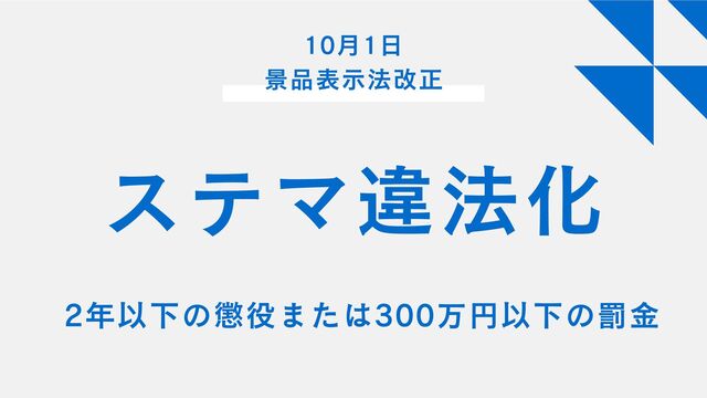 ステマ違法化
10月1日
景品表示法改正
2年以下の懲役または300万円以下の罰金
