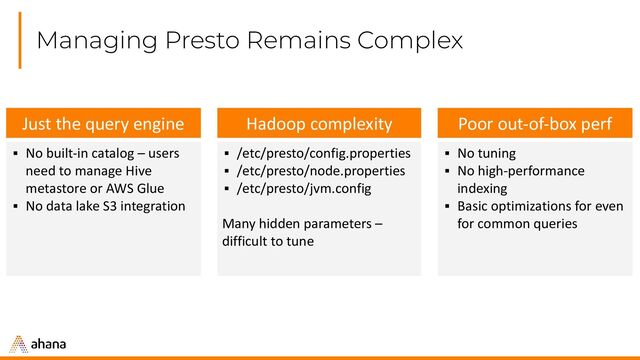 Managing Presto Remains Complex
Hadoop complexity
▪ /etc/presto/config.properties
▪ /etc/presto/node.properties
▪ /etc/presto/jvm.config
Many hidden parameters –
difficult to tune
Just the query engine
▪ No built-in catalog – users
need to manage Hive
metastore or AWS Glue
▪ No data lake S3 integration
Poor out-of-box perf
▪ No tuning
▪ No high-performance
indexing
▪ Basic optimizations for even
for common queries
