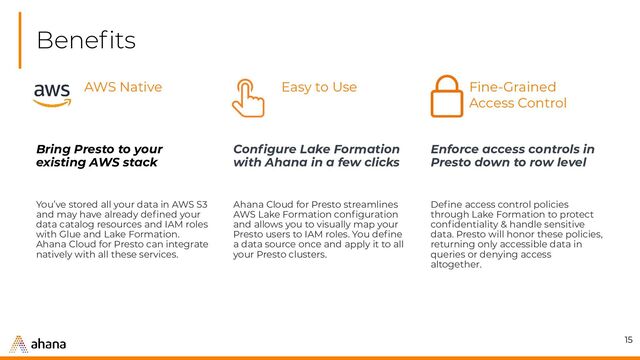 Beneﬁts
15
Bring Presto to your
existing AWS stack
You’ve stored all your data in AWS S3
and may have already deﬁned your
data catalog resources and IAM roles
with Glue and Lake Formation.
Ahana Cloud for Presto can integrate
natively with all these services.
Enforce access controls in
Presto down to row level
Deﬁne access control policies
through Lake Formation to protect
conﬁdentiality & handle sensitive
data. Presto will honor these policies,
returning only accessible data in
queries or denying access
altogether.
Conﬁgure Lake Formation
with Ahana in a few clicks
Ahana Cloud for Presto streamlines
AWS Lake Formation conﬁguration
and allows you to visually map your
Presto users to IAM roles. You deﬁne
a data source once and apply it to all
your Presto clusters.
Fine-Grained
Access Control
Easy to Use
AWS Native
