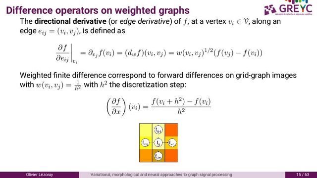 Difference operators on weighted graphs
The directional derivative (or edge derivative) of f, at a vertex vi ∈ V, along an
edge eij = (vi, vj), is deﬁned as
∂f
∂eij vi
= ∂vj
f(vi) = (dwf)(vi, vj) = w(vi, vj)1/2(f(vj) − f(vi))
Weighted ﬁnite difference correspond to forward differences on grid-graph images
with w(vi, vj) = 1
h2
with h2 the discretization step:
∂f
∂x
(vi) =
f(vi + h2) − f(vi)
h2
Olivier L´
ezoray Variational, morphological and neural approaches to graph signal processing / 6
