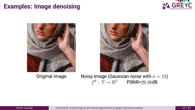 Examples: Image denoising
Original image Noisy image (Gaussian noise with σ = 15)
f0 : V → R3 PSNR=29.38dB
Olivier L´
ezoray Variational, morphological and neural approaches to graph signal processing / 6
