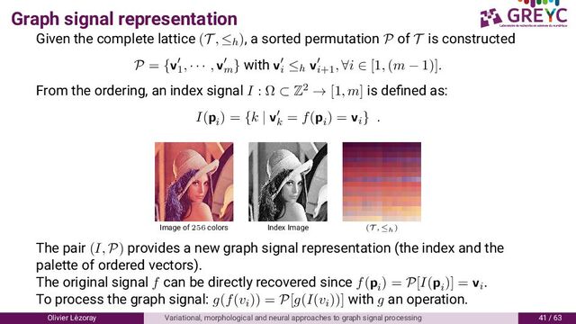 Graph signal representation
Given the complete lattice (T , ≤h), a sorted permutation P of T is constructed
P = {v1
, · · · , vm
} with vi
≤h vi+1
, ∀i ∈ [1, (m − 1)].
From the ordering, an index signal I : Ω ⊂ Z2 → [1, m] is deﬁned as:
I(pi
) = {k | vk
= f(pi
) = vi} .
Image of 256 colors Index Image (T , ≤h)
The pair (I, P) provides a new graph signal representation (the index and the
palette of ordered vectors).
The original signal f can be directly recovered since f(pi
) = P[I(pi
)] = vi
.
To process the graph signal: g(f(vi)) = P[g(I(vi))] with g an operation.
Olivier L´
ezoray Variational, morphological and neural approaches to graph signal processing / 6
