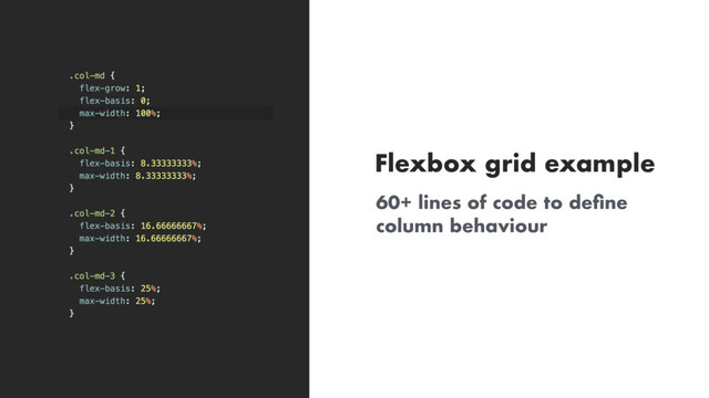 60+ lines of code to deﬁne
column behaviour
Flexbox grid example
