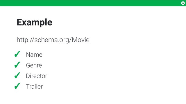 Example
✓ Name
✓ Genre
✓ Director
✓ Trailer
http://schema.org/Movie
