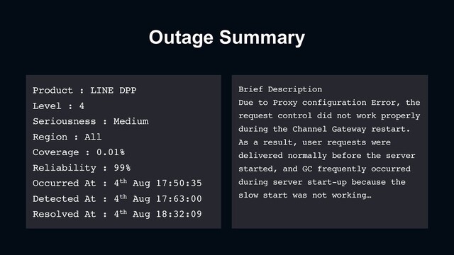 Outage Summary
Product : LINE DPP
Level : 4
Seriousness : Medium
Region : All
Coverage : 0.01%
Reliability : 99%
Occurred At : 4th Aug 17:50:35
Detected At : 4th Aug 17:63:00
Resolved At : 4th Aug 18:32:09
Brief Description
Due to Proxy configuration Error, the
request control did not work properly
during the Channel Gateway restart.
As a result, user requests were
delivered normally before the server
started, and GC frequently occurred
during server start-up because the
slow start was not working…
