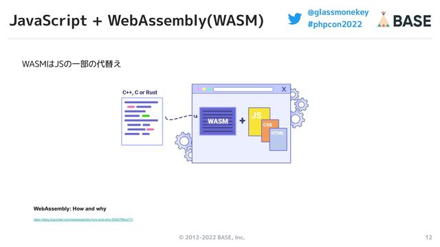© 2012-2022 BASE, Inc. 12
@glassmonekey
#phpcon2022
JavaScript + WebAssembly(WASM)
WebAssembly: How and why
https://blog.logrocket.com/webassembly-how-and-why-559b7f96cd71/
WASMはJSの一部の代替え
