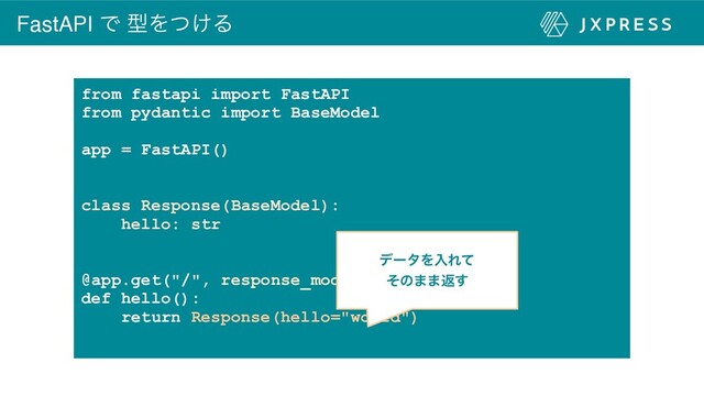 FastAPI Ͱ ܕΛ͚ͭΔ
from fastapi import FastAPI
from pydantic import BaseModel
app = FastAPI()
class Response(BaseModel):
hello: str
@app.get("/", response_model=Response)
def hello():
return Response(hello="world")
σʔλΛೖΕͯ
ͦͷ··ฦ͢
