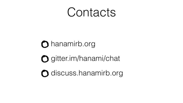Contacts
hanamirb.org
gitter.im/hanami/chat
discuss.hanamirb.org
