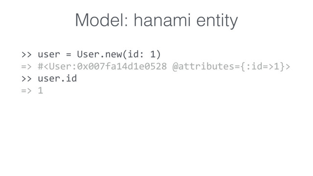 Model: hanami entity
>> user = User.new(id: 1)
=> #1}>
>> user.id
=> 1
>> user.id = 1
NoMethodError: undefined method `id=' for
#1}>
Did you mean? id
