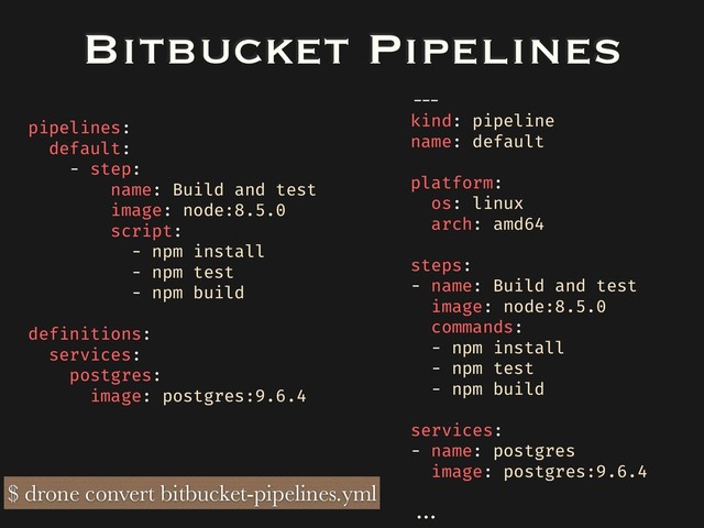 Bitbucket Pipelines
pipelines:
default:
- step:
name: Build and test
image: node:8.5.0
script:
- npm install
- npm test
- npm build
definitions:
services:
postgres:
image: postgres:9.6.4
---
kind: pipeline
name: default
platform:
os: linux
arch: amd64
steps:
- name: Build and test
image: node:8.5.0
commands:
- npm install
- npm test
- npm build
services:
- name: postgres
image: postgres:9.6.4
...
$ drone convert bitbucket-pipelines.yml
