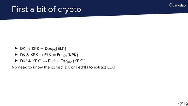 First a bit of crypto
DK → KPK = DecDK
(ELK)
DK & KPK → ELK = EncDK
(KPK)
DK∗ & KPK∗ → ELK = EncDK∗
(KPK∗)
No need to know the correct DK or PetPIN to extract ELK!
/
