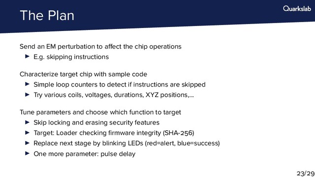 The Plan
Send an EM perturbation to a ect the chip operations
E.g. skipping instructions
Characterize target chip with sample code
Simple loop counters to detect if instructions are skipped
Try various coils, voltages, durations, XYZ positions,...
Tune parameters and choose which function to target
Skip locking and erasing security features
Target: Loader checking ﬁrmware integrity (SHA- )
Replace next stage by blinking LEDs (red=alert, blue=success)
One more parameter: pulse delay
/
