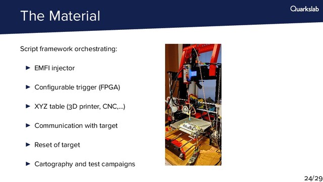 The Material
Script framework orchestrating:
EMFI injector
Conﬁgurable trigger (FPGA)
XYZ table ( D printer, CNC,...)
Communication with target
Reset of target
Cartography and test campaigns
/
