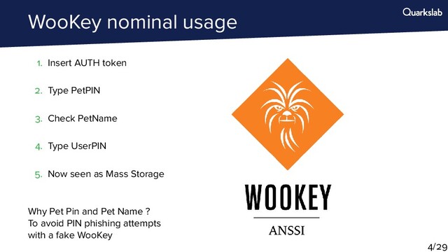 WooKey nominal usage
. Insert AUTH token
. Type PetPIN
. Check PetName
. Type UserPIN
. Now seen as Mass Storage
Why Pet Pin and Pet Name ?
To avoid PIN phishing attempts
with a fake WooKey
/

