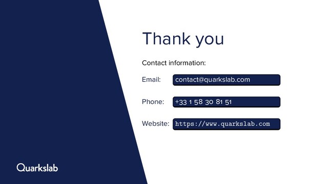 Thank you
Contact information:
Email: contact@quarkslab.com
Phone: +
Website: https://www.quarkslab.com
