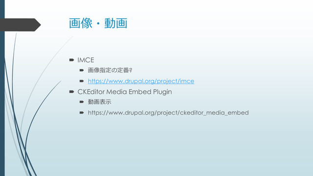 画像・動画
 IMCE
 画像指定の定番?
 https://www.drupal.org/project/imce
 CKEditor Media Embed Plugin
 動画表示
 https://www.drupal.org/project/ckeditor_media_embed
