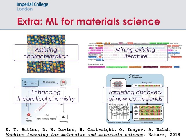 Extra: ML for materials science
Targeting discovery
of new compounds
Enhancing
theoretical chemistry
Assisting
characterization
Mining existing
literature
K. T. Butler, D. W. Davies, H. Cartwright, O. Isayev, A. Walsh,
Machine learning for molecular and materials science, Nature, 2018

