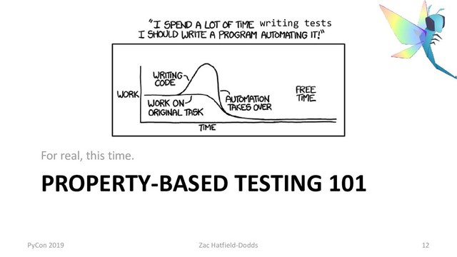 PROPERTY-BASED TESTING 101
For real, this time.
PyCon 2019 Zac Hatfield-Dodds 12
writing tests
