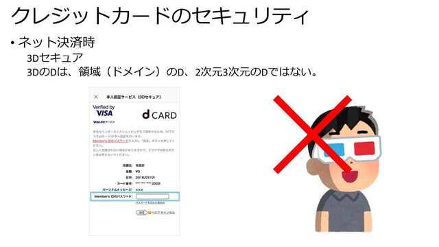 クレジットカードのセキュリティ
• ネット決済時
3Dセキュア
3DのDは、領域（ドメイン）のD、2次元3次元のDではない。
✕
