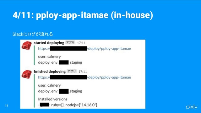 13
Slackにログが流れる
4/11: pploy-app-itamae (in-house)
