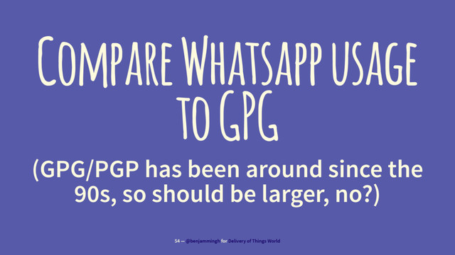 Compare Whatsapp usage
to GPG
(GPG/PGP has been around since the
90s, so should be larger, no?)
54 — @benjammingh for Delivery of Things World
