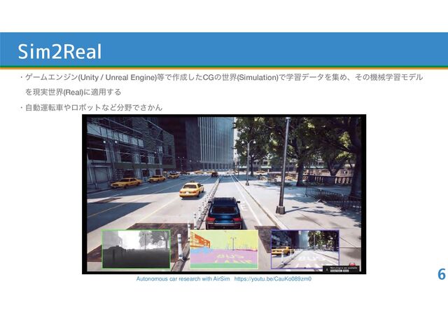 
• ήʔϜΤϯδϯ(Unity / Unreal Engine)౳Ͱ࡞੒ͨ͠CGͷੈք(Simulation)ͰֶशσʔλΛूΊɺͦͷػցֶशϞσϧ
Λݱ࣮ੈք(Real)ʹద༻͢Δ
• ࣗಈӡసं΍ϩϘοτͳͲ෼໺Ͱ͔͞Μ
6
Autonomous car research with AirSim https://youtu.be/CauKo089zm0
