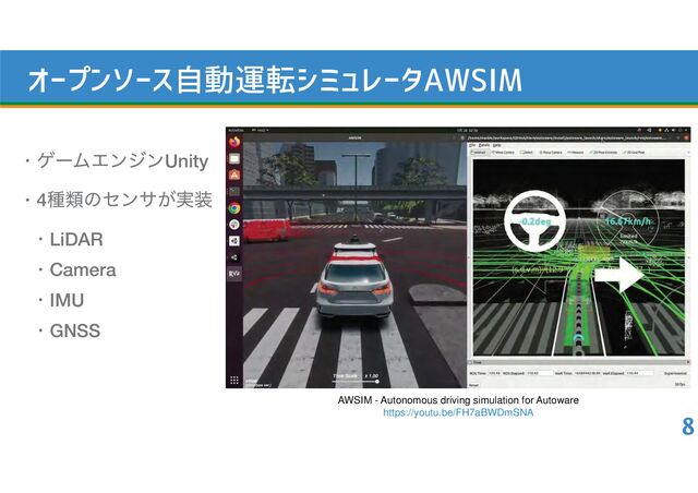 !0)/&0%;2=<$*-.0' 

• ήʔϜΤϯδϯUnity
• 4छྨͷηϯα͕࣮૷
• LiDAR
• Camera
• IMU
• GNSS
8
AWSIM - Autonomous driving simulation for Autoware
https://youtu.be/FH7aBWDmSNA
