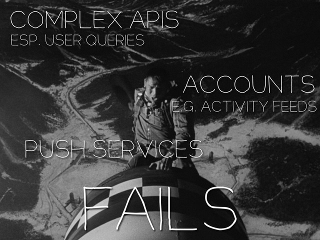 FAILS
ESP. USER QUERIES
ACCOUNTS
E.G. ACTIVITY FEEDS
COMPLEX APIS
PUSH SERVICES
