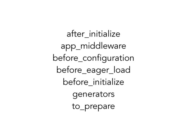 after_initialize
app_middleware
before_configuration
before_eager_load
before_initialize
generators
to_prepare
