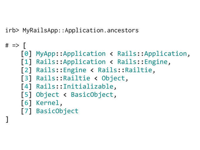 irb> MyRailsApp::Application.ancestors
# => [
        [0]  MyApp::Application  <  Rails::Application,
        [1]  Rails::Application  <  Rails::Engine,
        [2]  Rails::Engine  <  Rails::Railtie,
        [3]  Rails::Railtie  <  Object,
        [4]  Rails::Initializable,
        [5]  Object  <  BasicObject,
        [6]  Kernel,
        [7]  BasicObject
]
