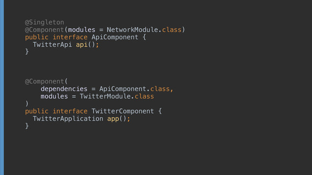 @Singleton 
@Component(modules = NetworkModule.class) 
public interface ApiComponent {
 
 
 
}
 
 
 
TwitterApi api(); 
@Component(
 
dependencies = ApiComponent.class,
 
modules = TwitterModule.class 
) 
public interface TwitterComponent { 
TwitterApplication app(); 
}

