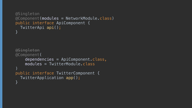 @Singleton 
@Component(modules = NetworkModule.class) 
public interface ApiComponent {
TwitterApi api();
}
@Component( 
dependencies = ApiComponent.class,
modules = TwitterModule.class 
) 
public interface TwitterComponent { 
TwitterApplication app(); 
}
@Singleton

