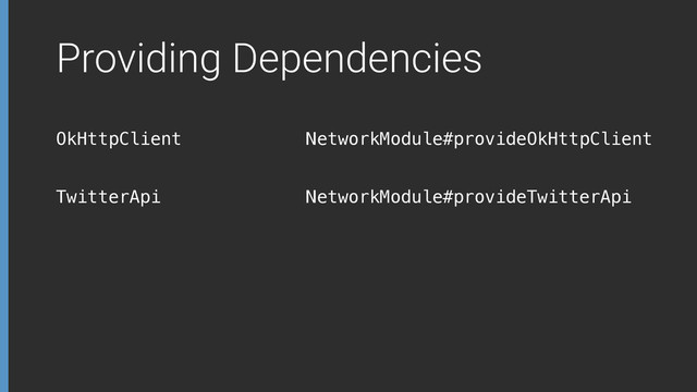 Providing Dependencies
OkHttpClient
TwitterApi
NetworkModule#provideOkHttpClient
NetworkModule#provideTwitterApi

