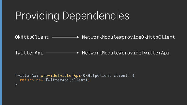 Providing Dependencies
OkHttpClient
TwitterApi
NetworkModule#provideOkHttpClient
NetworkModule#provideTwitterApi
TwitterApi provideTwitterApi(OkHttpClient client) { 
return new TwitterApi(client); 
}
