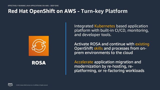 EFFECTIVELY RUNNING JAVA APPLICATIONS ON AWS – DEEP DIVE
© 2023, Amazon Web Services, Inc. or its affiliates. All rights reserved.
Integrated Kubernetes based application
platform with built-in CI/CD, monitoring,
and developer tools.
existing
skills
Accelerate
- Turn-key Platform
