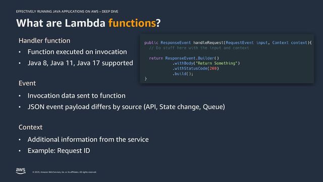 EFFECTIVELY RUNNING JAVA APPLICATIONS ON AWS – DEEP DIVE
© 2023, Amazon Web Services, Inc. or its affiliates. All rights reserved.
What are Lambda functions?
Handler function
• Function executed on invocation
• Java 8, Java 11, Java 17 supported
Event
• Invocation data sent to function
• JSON event payload differs by source (API, State change, Queue)
Context
• Additional information from the service
• Example: Request ID
