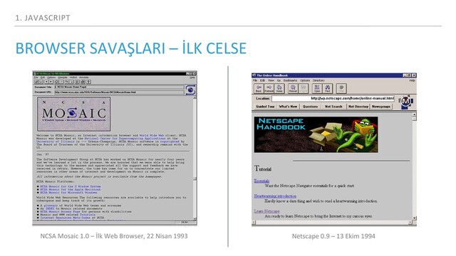 1. JAVASCRIPT
NCSA Mosaic 1.0 – İlk Web Browser, 22 Nisan 1993 Netscape 0.9 – 13 Ekim 1994
BROWSER SAVAŞLARI – İLK CELSE
