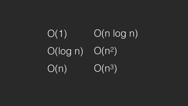 O(1)
O(log n)
O(n)
O(n log n)
O(n2)
O(n3)
