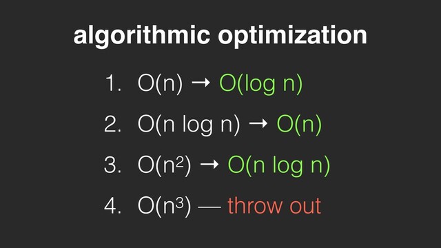 1. O(n) → O(log n)
2. O(n log n) → O(n)
3. O(n2) → O(n log n)
4. O(n3) — throw out
algorithmic optimization
