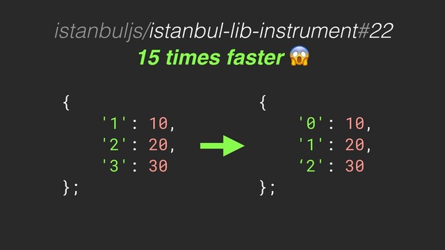 istanbuljs/istanbul-lib-instrument#22
{
'1': 10,
'2': 20,
'3': 30
};
15 times faster 
{
'0': 10,
'1': 20,
‘2': 30
};
