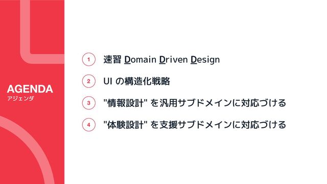 速習 Domain Driven Design
UI の構造化戦略
"情報設計" を汎用サブドメインに対応づける
"体験設計" を支援サブドメインに対応づける
1
2
3
AGENDA
アジェンダ
4
