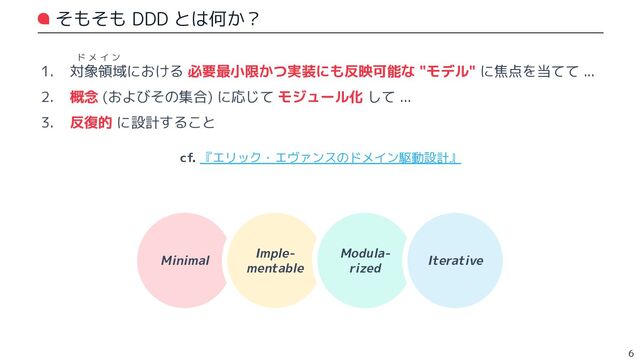 そもそも DDD とは何か？
6
Minimal
Imple-
mentable
Modula-
rized
Iterative
1. 対象領域における 必要最小限かつ実装にも反映可能な "モデル" に焦点を当てて ...
2. 概念 (およびその集合) に応じて モジュール化 して ...
3. 反復的 に設計すること
cf. 『エリック・エヴァンスのドメイン駆動設計』
ド メ イ ン
