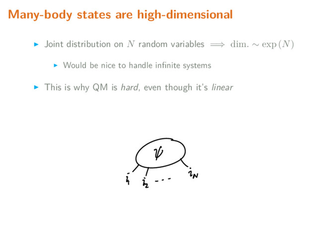 Many-body states are high-dimensional
Joint distribution on N random variables =⇒ dim. ∼ exp (N)
Would be nice to handle inﬁnite systems
This is why QM is hard, even though it’s linear
