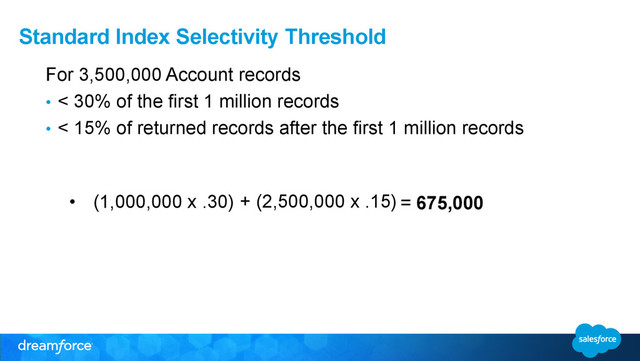 Standard Index Selectivity Threshold
For 3,500,000 Account records
•  < 30% of the first 1 million records
•  < 15% of returned records after the first 1 million records
•  (1,000,000 x .30) + (2,500,000 x .15) = 675,000

