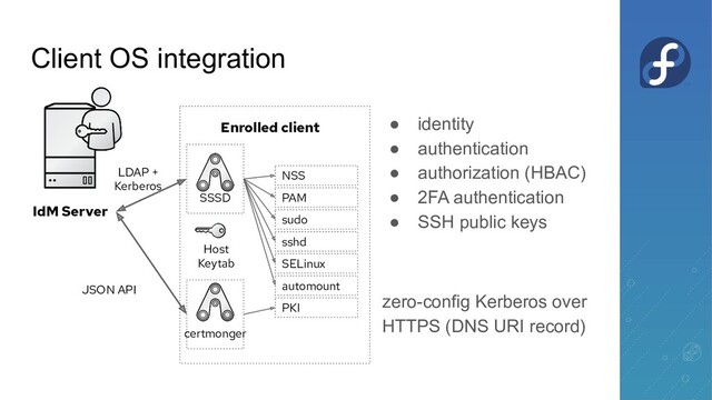 Client OS integration
● identity
● authentication
● authorization (HBAC)
● 2FA authentication
● SSH public keys
zero-config Kerberos over
HTTPS (DNS URI record)
SSSD PAM
NSS
sudo
sshd
SELinux
automount
PKI
certmonger
Enrolled client
IdM Server
LDAP +
Kerberos
JSON API
Host
Keytab
