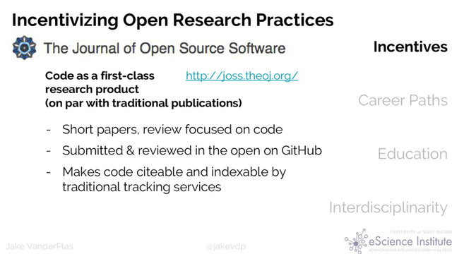 @jakevdp
Jake VanderPlas
Incentives
Career Paths
Education
Interdisciplinarity
Incentivizing Open Research Practices
http://joss.theoj.org/
Code as a first-class
research product
(on par with traditional publications)
- Short papers, review focused on code
- Submitted & reviewed in the open on GitHub
- Makes code citeable and indexable by
traditional tracking services
