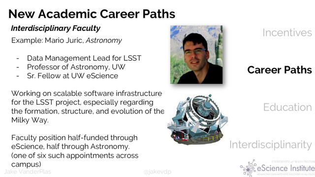 @jakevdp
Jake VanderPlas
Incentives
Career Paths
Education
Interdisciplinarity
New Academic Career Paths
Example: Mario Juric, Astronomy
- Data Management Lead for LSST
- Professor of Astronomy, UW
- Sr. Fellow at UW eScience
Working on scalable software infrastructure
for the LSST project, especially regarding
the formation, structure, and evolution of the
Milky Way.
Faculty position half-funded through
eScience, half through Astronomy.
(one of six such appointments across
campus)
Interdisciplinary Faculty
