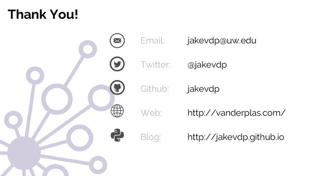 @jakevdp
Jake VanderPlas
Email: jakevdp@uw.edu
Twitter: @jakevdp
Github: jakevdp
Web: http://vanderplas.com/
Blog: http://jakevdp.github.io
Thank You!
