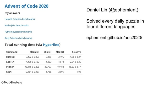 Daniel Lin (@ephemient)
Solved every daily puzzle in
four different languages.
ephemient.github.io/aoc2020/
